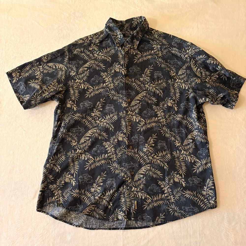 Woolrich Hawaiian Shirt Mens XL Blue Short Sleeve Button Down Leaf Jeep Print